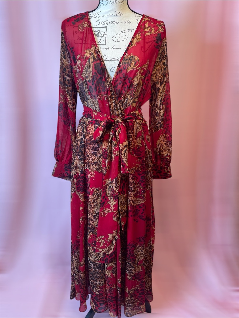 Bohemian Red and Beige Mesh Maxi Dress Size Large Long Sleeve Belted Flowy